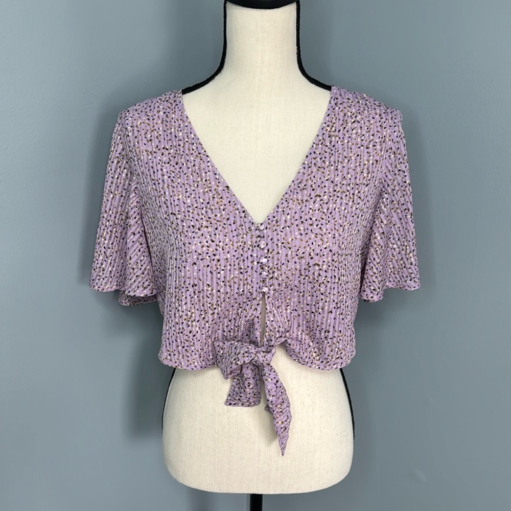 NWOT J.O.A. Women’s Purple Button Tie-Front Crop Top Sz L